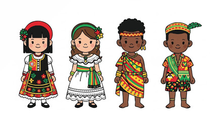 Diverse Cartoon Children Characters Wearing Colorful Traditional Cultural Outfits