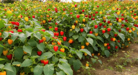 Colorful Chili Pepper Plants in a Garden Row.