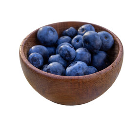 wooden bow filled with fresh blueberries , white or trnsparent background.Freshly harvested organic fruit .Ideal for healthy diets promotions