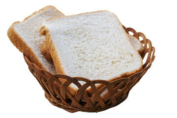 Flattened pieces of white bread in a rustic rattan basket. Ideal for a healthy breakfast promotions. White or transparent background