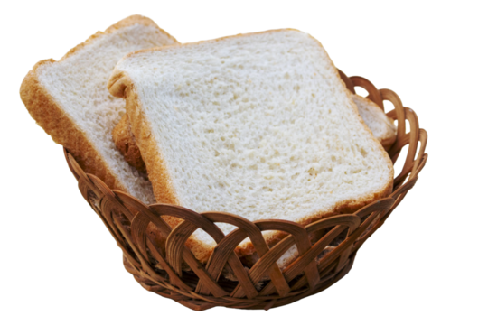 Flattened pieces of white bread in a rustic rattan basket. Ideal for a healthy breakfast promotions. White or transparent background