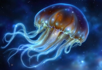 Glowing Bioluminescent Jellyfish in Cosmic Space.