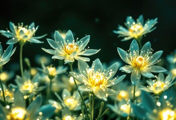 Glowing Blue Flowers in Dark Garden.
