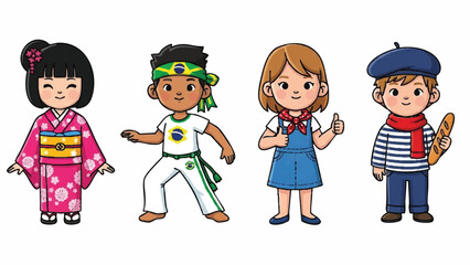 Cute Cartoon Children Representing Diverse World Cultures and National Costumes