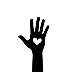 raised volunteer hand with a heart symbol, black vector design element for international volunteer day
