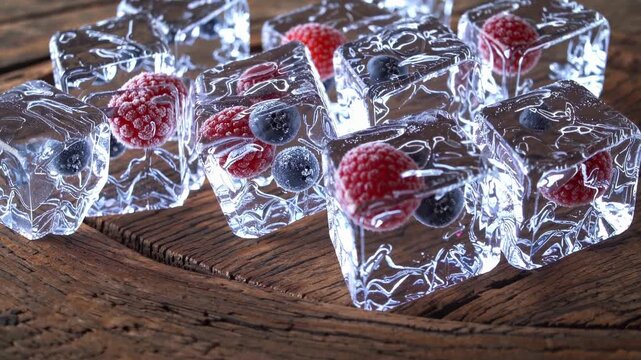 Clear ice cubes containing raspberries and blueberries creating a refreshing pattern on a dark rustic wooden surface, symbolizing coolness, freshness, and healthy hydration