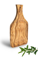 Wooden olive cutting board. Olive utensils.