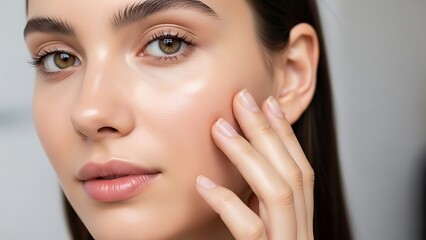 Close up of a womans face with glowing skin and a hand gently touching her cheek.