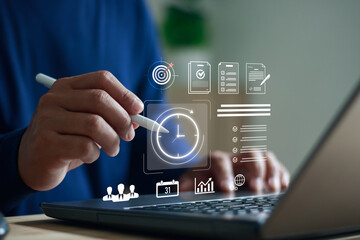 Time management project efficiency strategy goals business technology internet concept. Businessman working on laptop with digital time management task planning productivity optimization virtual icon.
