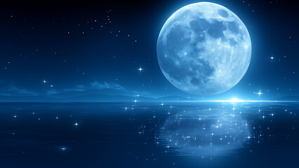 Fototapeta premium 湖面に反射する月と星空の風景