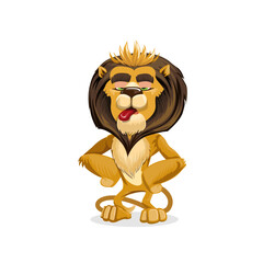 Cartoon lion with tongue sticking out and hands on hips.