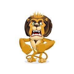 Angry cartoon lion with bared teeth and clenched fists, standing upright on a white background.