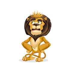 Cartoon illustration of a lion with a worried expression, standing with hands on hips.