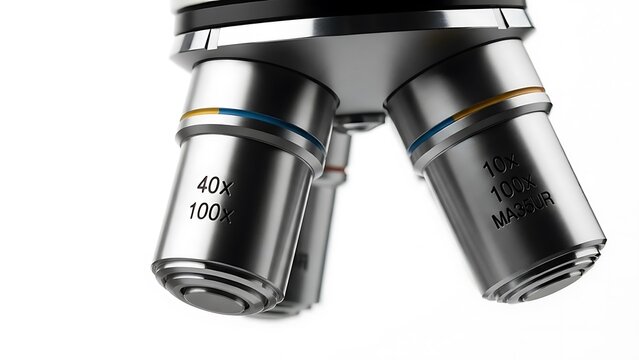 Close-up of a microscopes objective lenses against a white background, highlighting scientific research and laboratory equipment.