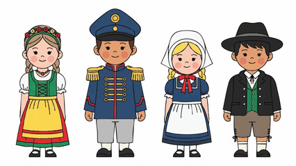 Diverse Children in Traditional European Folk Costumes Illustration