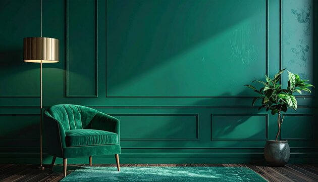 rich emerald green panels. The main focus is a modern green velvet armchair with wooden legs, a gold/brass floor lamp and a houseplant in a gray potm