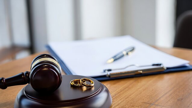 Divorce decree with gavel and rings reflecting a difficult decision ahead