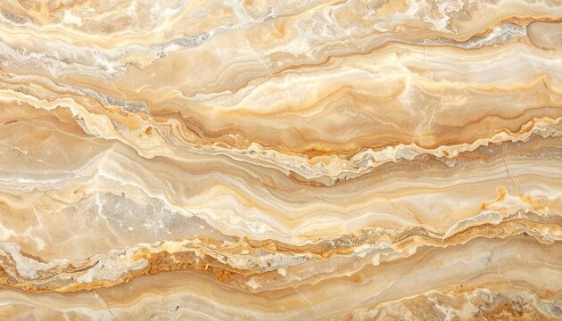 Natural onyx marble texture with wave and band patterns in gold, cream, white and gray. This luxurious flowing stone backdrop is ideal for interior design, floor tiles, countertops or projectse