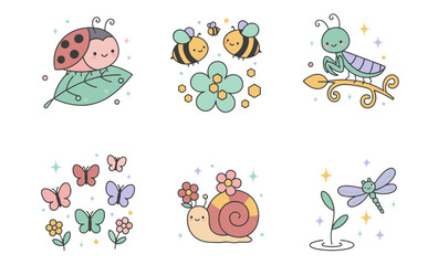 Fototapeta premium Cheerful Christmas kawaii vector sticker set of six festive icons with gingerbread house, bonbons, sleigh, binoculars, crescent moon, and dachshund