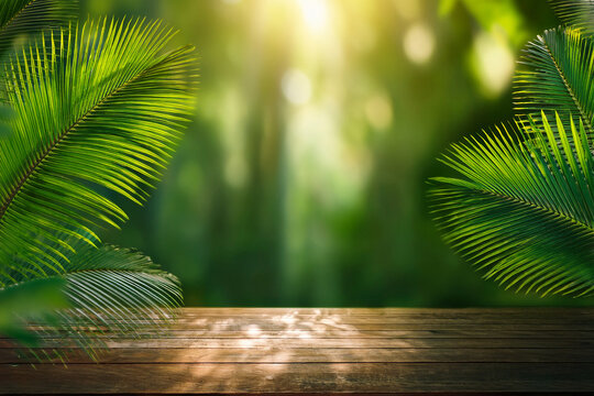 Fondo de Mesa de Madera en Terraza Tropical con Hojas de Palma y Luz Solar Bokeh