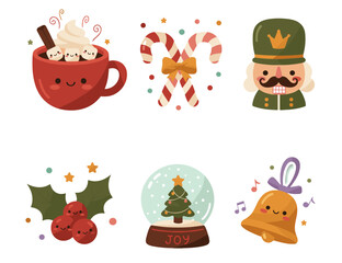 Christmas sticker set PNG isolated, six kawaii icons in 3x2 grid, hot cocoa, candy canes, nutcracker, holly, snow globe, jingle bell, flat pastel vector, cute festive holiday style