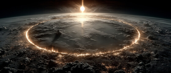 A powerful celestial event unfolds, casting an intense, fiery glow across a desolate planetary surface, marking a pivotal moment of cosmic impact and widespread devastation