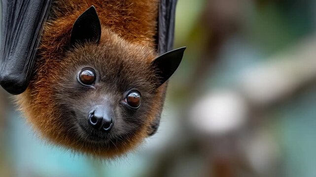 Bat hanging upside down in a natural environment during the day showcasing its unique features and fur texture