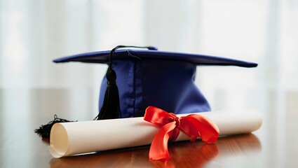 Graduation cap and diploma with red ribbon on wooden surface