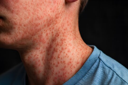 Close-up image of a red skin rash on the neck, showing inflamed spots and irritation. Ideal for dermatology, allergy awareness, viral exanthem education, and medical reference content.