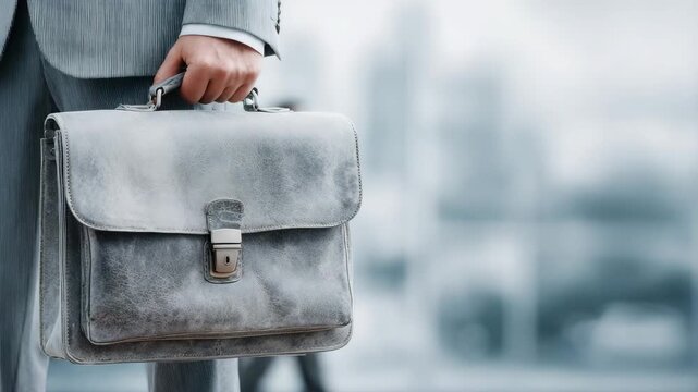 Business professional holding a briefcase while walking in a modern urban environment during the day
