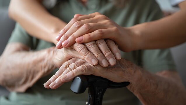 Hands of caring young woman comforting senior man holding walking stick - Powered by Adobe