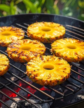 Grilled pineapple slices on a barbecue with smoke