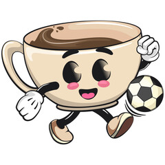 cute coffee cup mascot playing football or soccer, cartoon coffee mug vector illustration, work of hand drawn