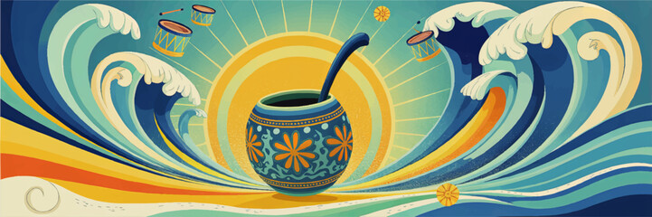 Colorful abstract festival illustration with decorative blue pot, ocean waves, drums and radiant sun in vibrant summer style