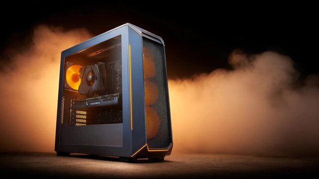 Modern gaming PC with glowing components in a dramatic setting showcasing advanced technology and design elegance