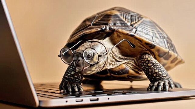 Funny Tortoise Wearing Small Round Glasses Sitting on a Laptop Keyboard, Conceptually Representing Slow Technology, Internet Speed, or Slow Productivity