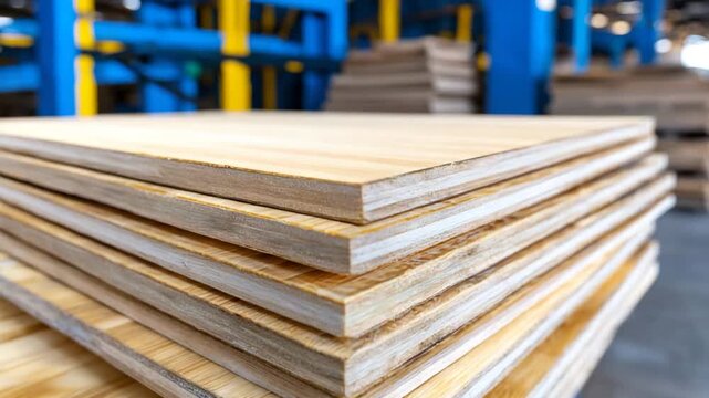 Stacked plywood sheets in an industrial workshop during daylight hours