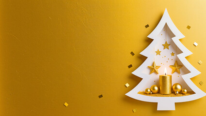 Golden Christmas Tree Cutout with Candle, Hanging Stars, and Gold Ornaments on Metallic Background