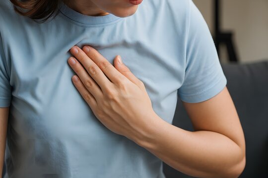 Close-up of a woman pressing her chest due to pain or discomfort. Useful for content related to heartburn, chest pain, anxiety, cardiovascular health, or medical awareness education.