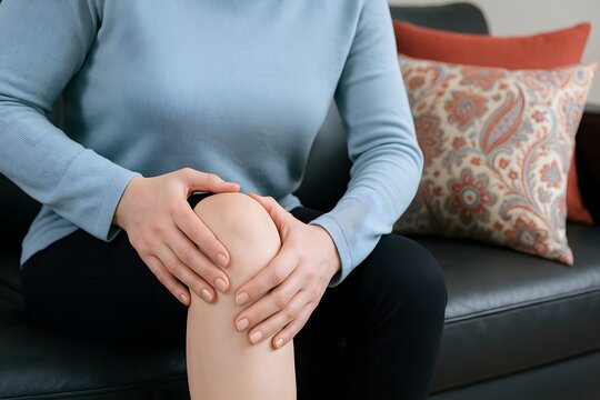 Close-up of a woman holding her knee in pain, representing joint discomfort, arthritis, injury, or inflammation. Ideal for orthopedic, physiotherapy, rheumatology, and health awareness content. - Powered by Adobe