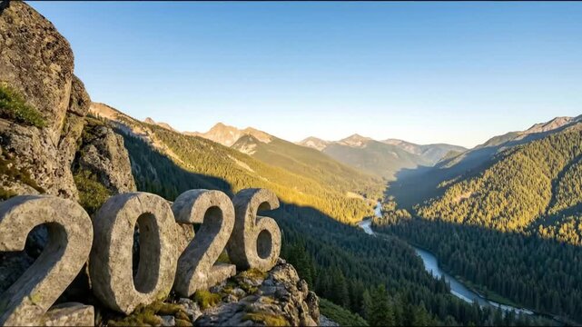 Stone numbers representing '2026' are prominently positioned on a rugged, moss-covered mountain peak, offering a breathtaking panoramic vista. The scene overlooks a vast, pristine valley blanketed wit