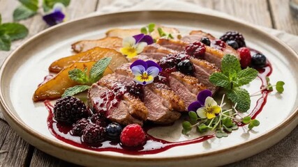 This appetizing close-up captures a meticulously plated gourmet dish, showcasing succulent slices of perfectly cooked meat, likely poultry, adorned with a vibrant, glistening berry reduction sauce. Fr