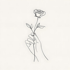 Rose in hand on beige background, hand drawing of a flower, one line illustration of the rose 