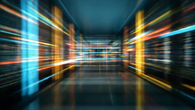 Abstract digital data flow in a server room with glowing network connections, representing high-speed computing and big data technology. - Powered by Adobe