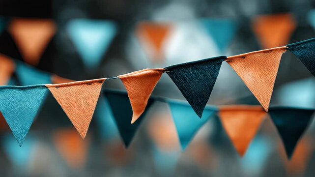 Colorful triangular flags hang in a festive outdoor setting during a bright daytime celebration