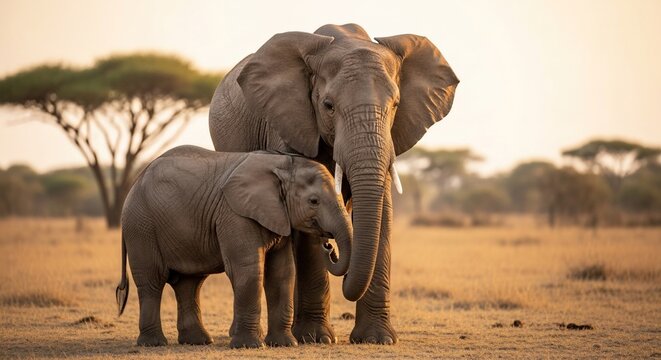 African elephants - A mother and calf bonding in the savanna.