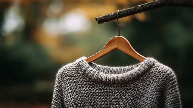 Hand-knitted gray sweater hanging on a wooden branch in a forest during autumn season