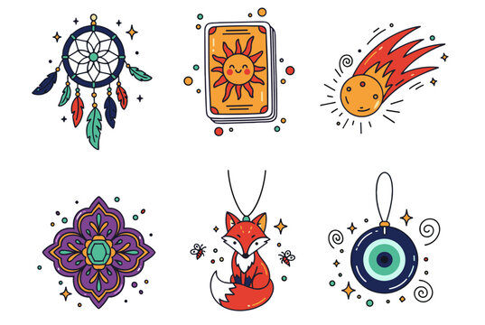 Six cute pastel lucky-charm sticker icons PNG isolated dreamcatcher, smiling sun card, comet charm, quatrefoil tile, curled fox talisman, evil-eye bead with playful doodle accents.