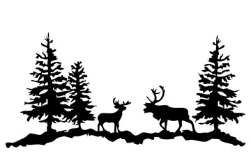 もみの木とトナカイのシルエット｜冬の森の背景イラスト素材