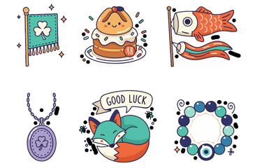 Whimsical lucky‑charm pastel vector sticker set of six playful icons with clover pennant, fortune cake, carp windsock, locket, fox charm, and bead bracelet